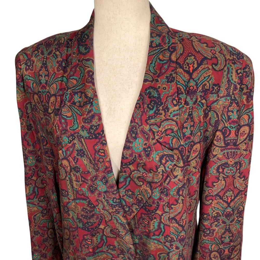 Talbots Blazer Women 14 Red Paisley Boho 90s Eclectic Rayon Longline USA VTG